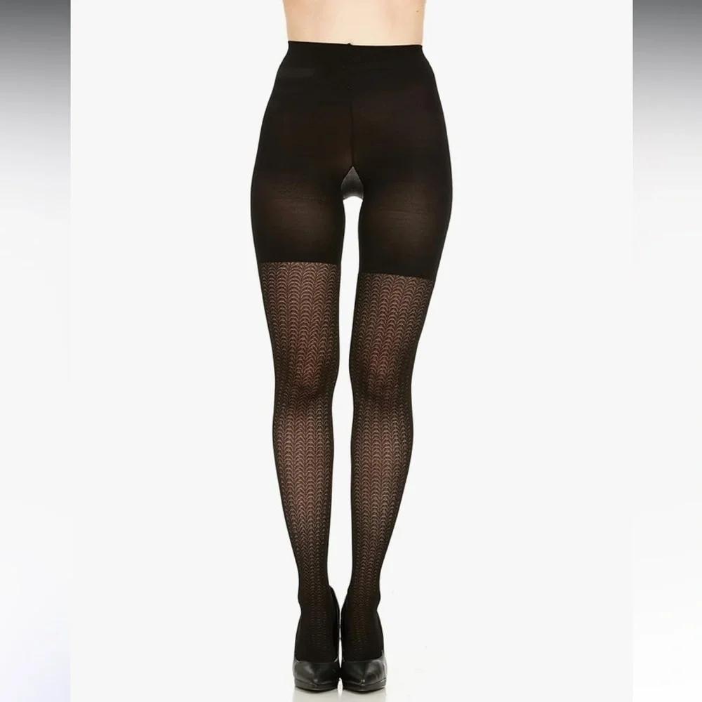 Spanx Assets Shaping Tights Textured Wish Bone Slimming Smoothing Black Sz 2